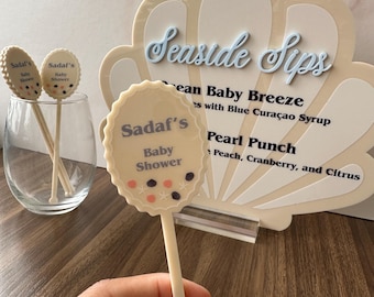 Seashell Theme Menu Sign with Matching Drink Stirrers | Beach Party Decor | Coastal Event Signage