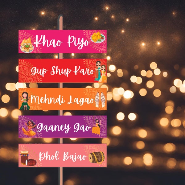 Colorful Mehndi Night, Maiyoun Decor, Nacho Gaao, Gup Shup Karo, Khaao Piyo, Desi Event Sign, Desi Party Sign, Indian Wedding, Pakistani