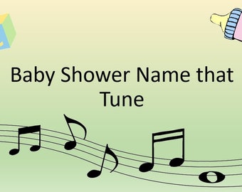 Op de afbeelding: Een groene en gele achtergrond met muzieknoten en de tekst "Baby Shower Name that Tune". Er zijn ook illustraties van een babyfles en kleurrijke blokken met de letters A, B en C.