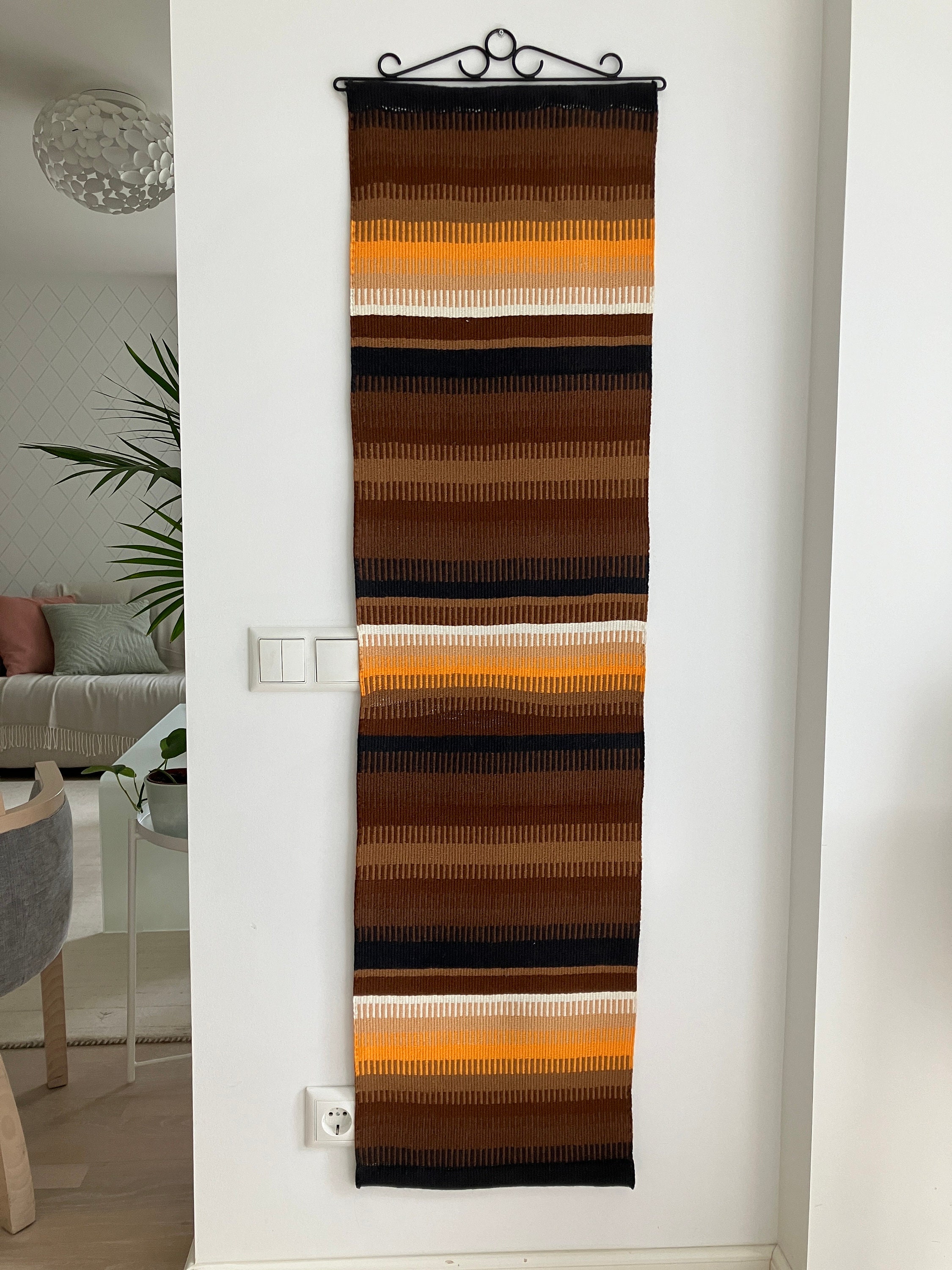 Vintage Woven Wool Tapestry with metal hanger, Vintage Carpet, Woven Wall Decor, Home Decor, Nordic Design Size 15" x 56"