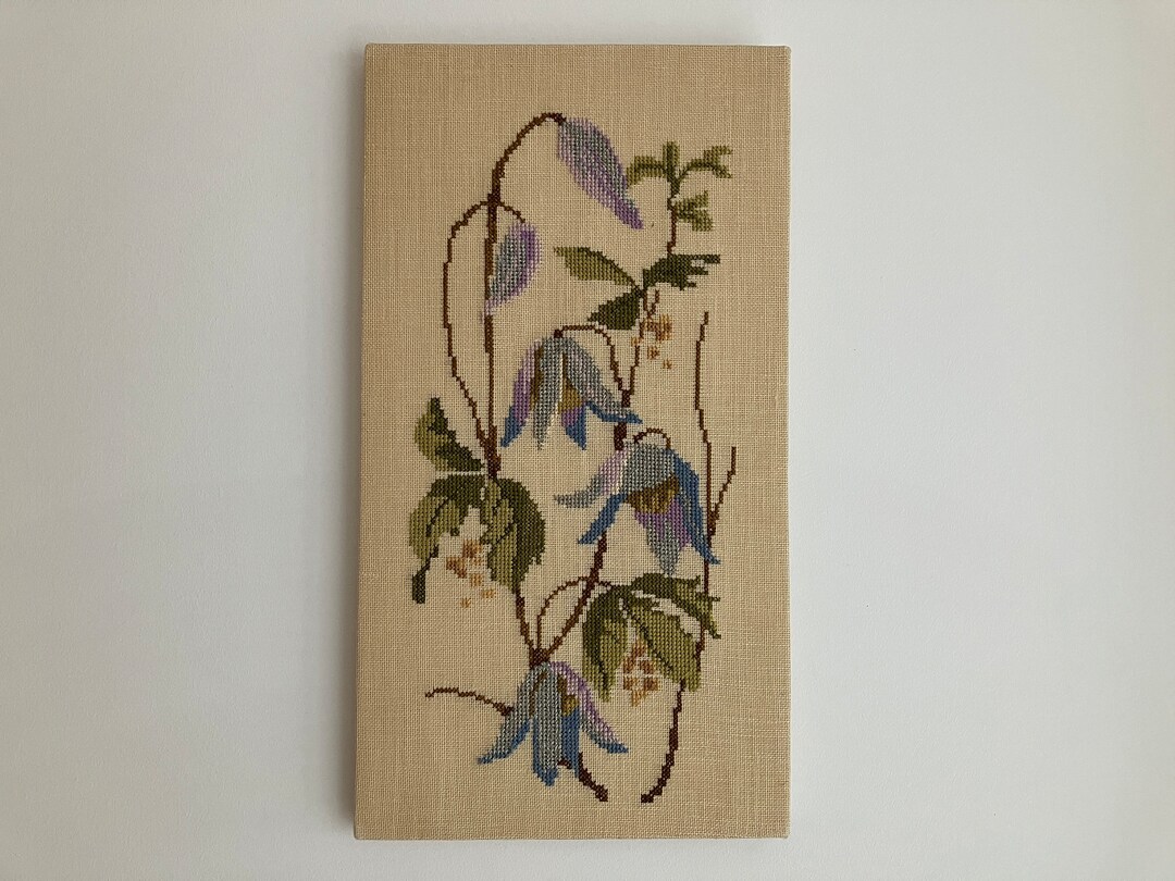 Vintage Embroidered Wall Hanging With Columbine Flower Home Etsy