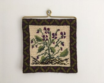 Vintage Embroidery, Embroidered Wall hanging, Vintage Home Decor, Swedish Design, Scandinavian Home Decor, Handmade Embroidery, violets