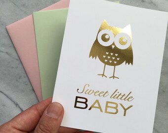 Owl baby shower card, Gold Foil sweet little Baby Owl Card, Real Gold Foil owl card, New baby card,Congratulations Baby, Welcome little baby