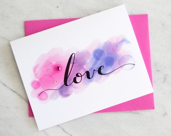 Calligraphy Love Card, Glam Anniversary Card, Unique Birthday Card, Pink Watercolor Love Card, xoxo note card, Fun Miss You, Thinking of you