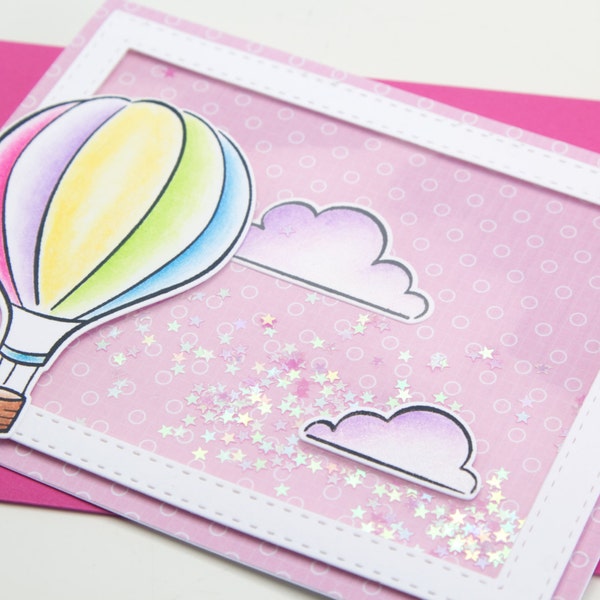 Hot air ballon in the sky with stars card, Whimsical card, Toddler, Girly Birthday Card, Baby girls, adorable animal card, Quirky, Cute Card