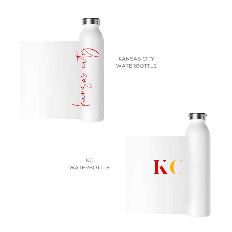 May include: Two white water bottles with different designs. The first bottle has the text "Kansas City" written in red cursive. The second bottle has the letters "KC" in red and yellow. Both bottles are on a white background.