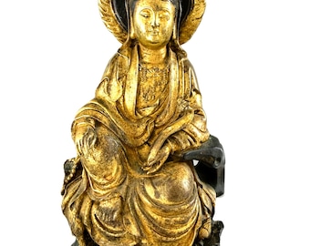 Antigua estatua de Guanyin Bodhisattva de bronce dorado del templo budista tibetano Guanyin, 9,5 pulgadas.