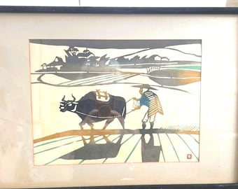 "Vintage Japanische Moderne Signierte Kunst von Toshijiro Inagaki ""Farmer Und Ochse"" Gerahmt."