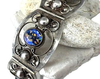 Antique Taxco Mexico Sterling Silver 925 Link Cuff Panel Bracelet