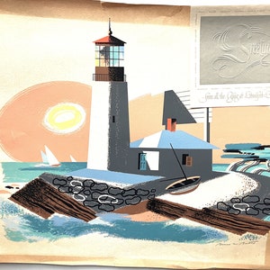 Diese Karte mit der Siebdruck-Leuchtturm-Weihnachtskarte von jeweils zwei Paar signierte Grüße von Staniford and Sandsick and Partners stammt aus den 1940er-Jahren