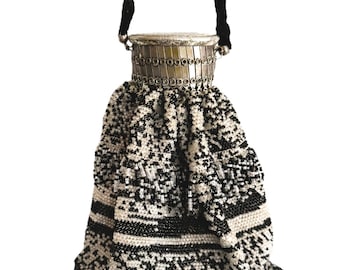 Antique Glass Black and Silver Beaded  Handbag With Expandable Silver Cage Neck
