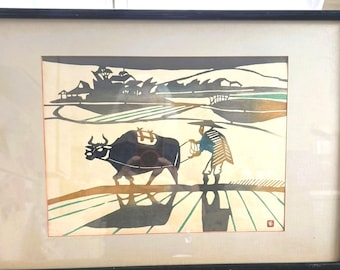 "Vintage Japanische Moderne Signierte Kunst von Toshijiro Inagaki ""Farmer Und Ochse"" Gerahmt."