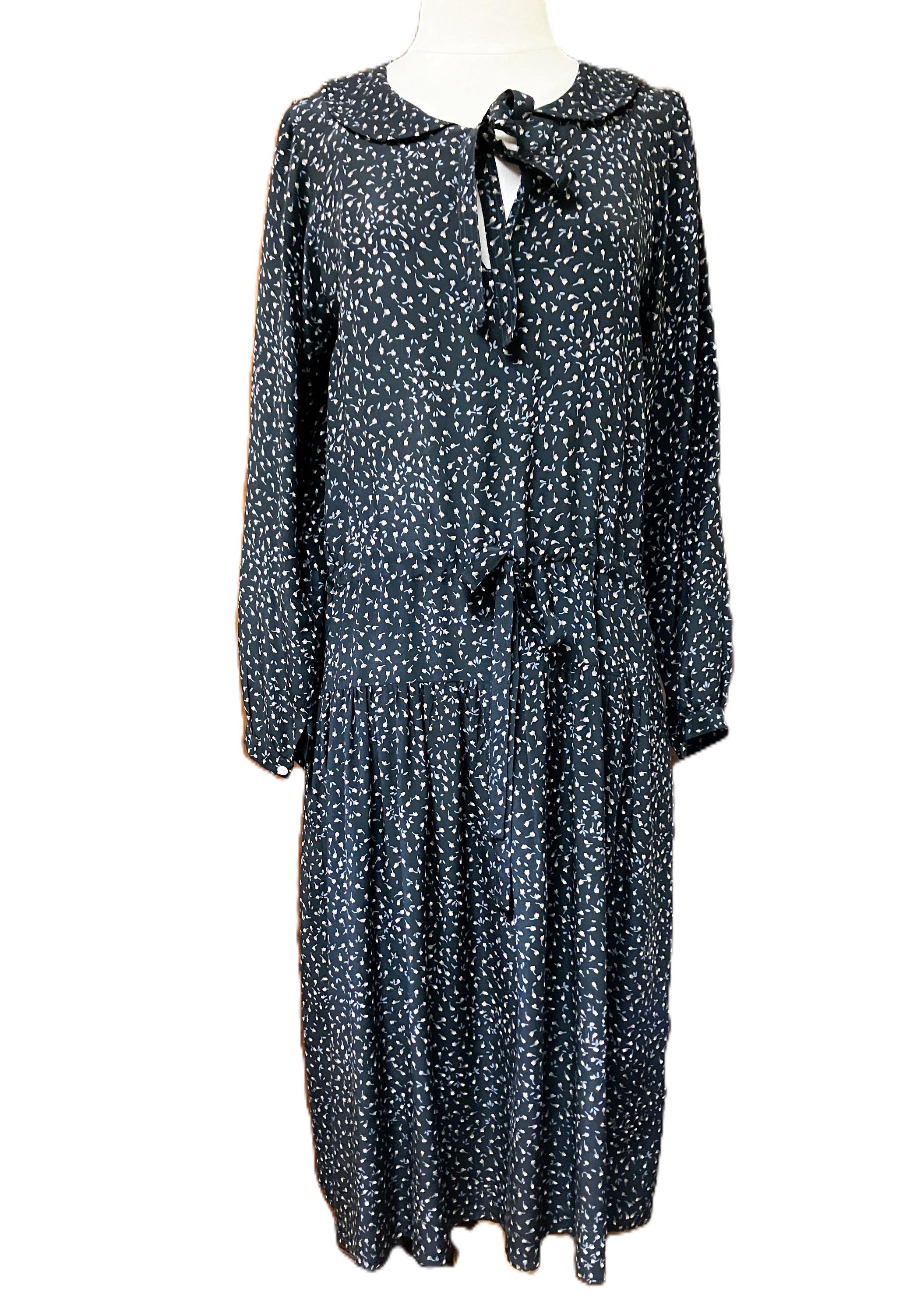 Cacharel, Vinatge 80s Cacharel Paris Silk Long Sleeve Sheath Blouson Black Floral Dress SZ 6