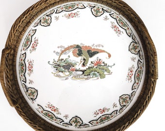 Vintage asiatischen Paradiesvogel Transferware Korb-Griff Servierplatte Tablett