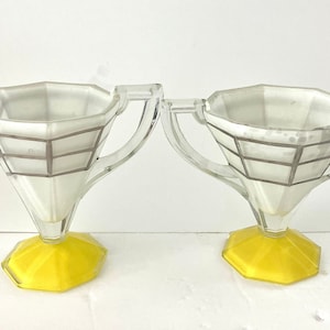Vintage Art Deco Indiana Glass Cream & Sugar Hand Painted Yellow Clear and Silver Bands