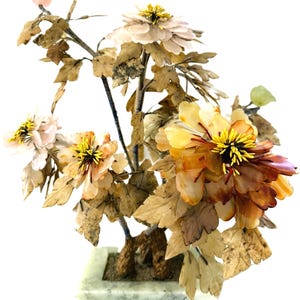 Vintage Large 19” X 16” Chinese Jade Quartz Stone Glass Flower with Jade Pot