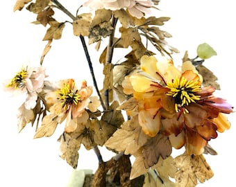 Vintage Large 19” X 16” Chinese Jade Quartz Stone Glass Flower with Jade Pot