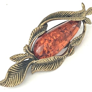 Large Amber Brooch Amber Pin Cognac Honey Butterscotch Brooch USSR Leaf Brass Setting