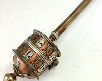 Antique Vintage Tibet Prayer Wheel  Of Copper, Silver and Brass With Paper Prayer Roll And Seal