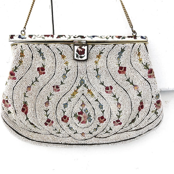 Antique French Seed Bead Flower Embroidered  Purse With a Enamel Floral Close