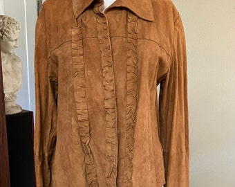 Vintage Leather Sound Suede Ruffled Front Womam's Blouse Top Sz 38 Boho Western