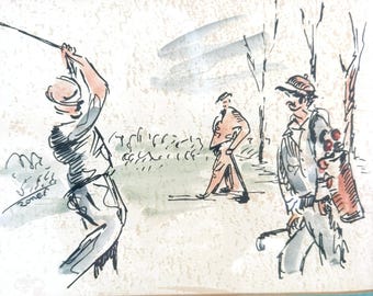 Vintage Signed RONER  original Humorous of Golfer Taking a Swing Framed Original Bemelmans Style