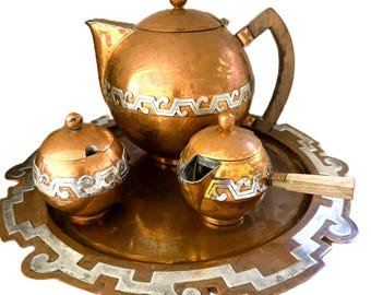 Vintage Copper & Sterling Silver Coffee Set - Victoria Taxco MCM Mexico