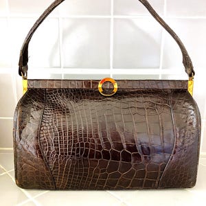 Bolso de mano vintage Duette de Maycraft of California de piel de cocodrilo marrón oscuro EUC