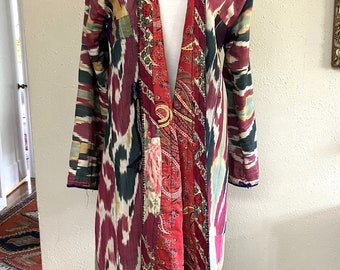 Vintage Uzbek Cotton Chapan, Coat Ikat Woman's Size S/M Red Print Lining Nomad Tribal