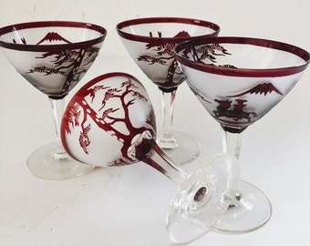 Noritake Set Of 4 VTG 1940’s Red Cameo Glass Wine/Cocktail Glasses Japanese  4.25" Post War