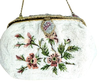 Bolso de noche francés Walborg vintage de los años 50, blanco con cuentas y estampado floral Point de Beauvais.