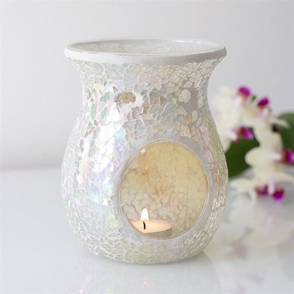 Large white iridescent wax melt burner UK | Birthday gift | Oil burner UK |  Iridescent white mirrored crackle effect  design