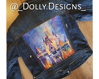 Handpainted  Disney castle denim jacket 9-10 years