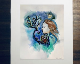 May include: Watercolor painting of a woman's face with long red hair, looking to the right. A small fairy is sitting in a tree with blue and green leaves. The background is a blue and green watercolor wash with a crescent moon.