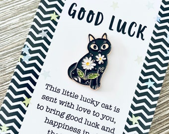 Good Luck Lucky Black Cat Pin Gift GCSE Exams, New Job Happiness Present
