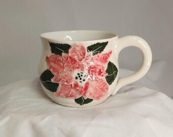 Hand made christmas mug. Porcelain. Pink flowers. One of a kind. 3.5" tall and 4" wide. Microwave,  dishwasher safe. 14oz