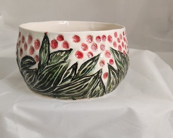 Thin Porcelain thin Bowl 6 inch in diameter,  3.75 inch tall. Green leaves with red berries.  Hand Made. One of a kind.