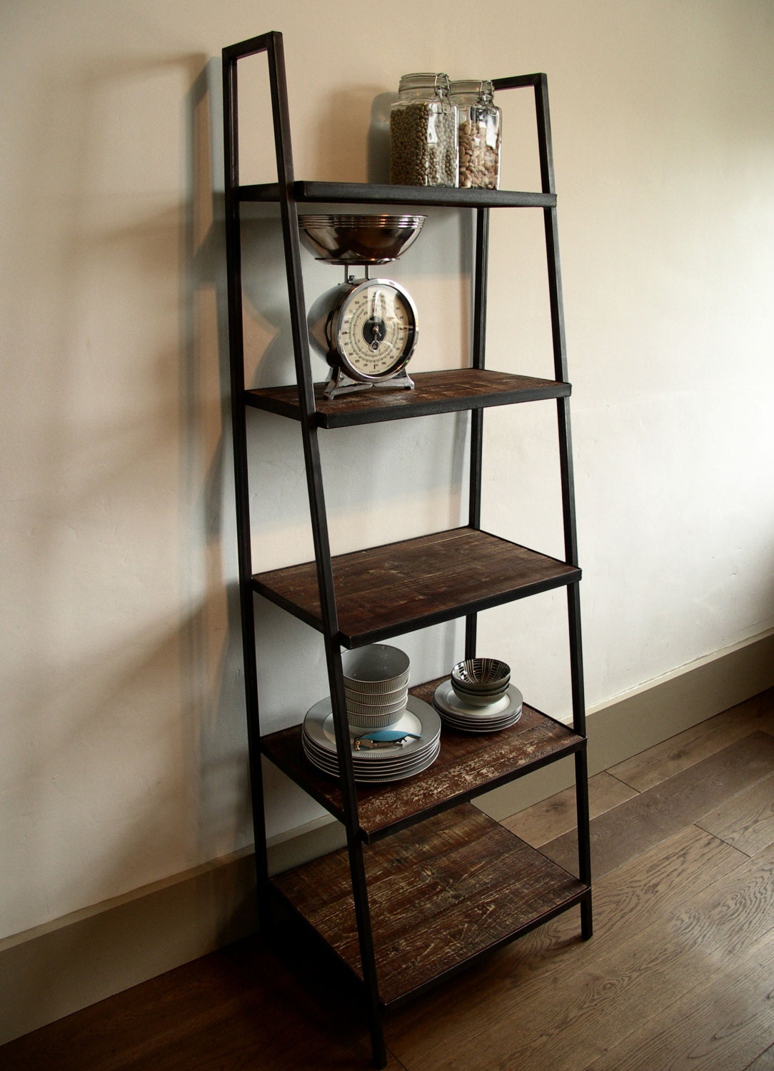 Industrial Style Ladder Shelving Unit - dark distressed wood