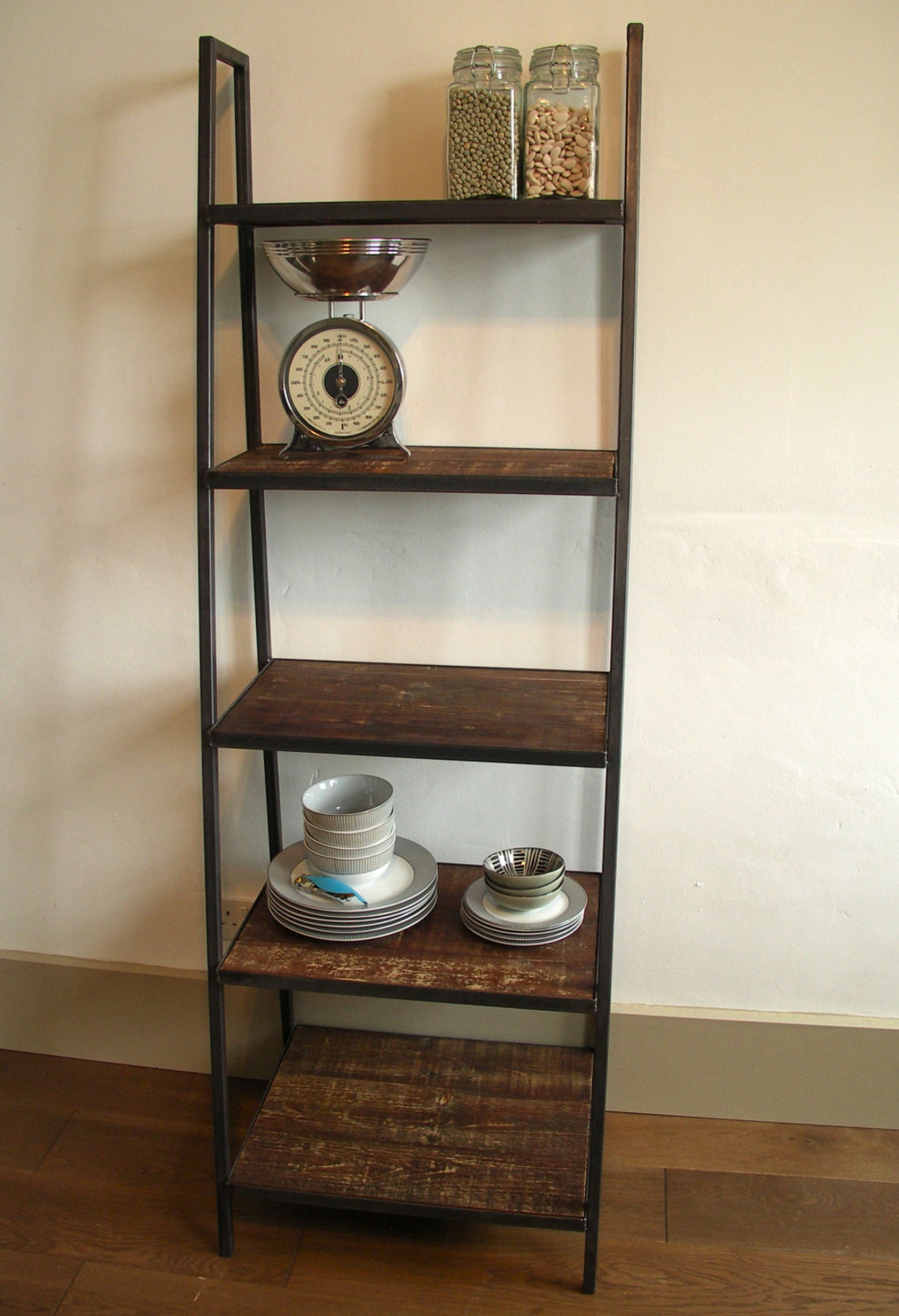 Industrial Style Ladder Shelving Unit Dark Distressed Wood Etsy