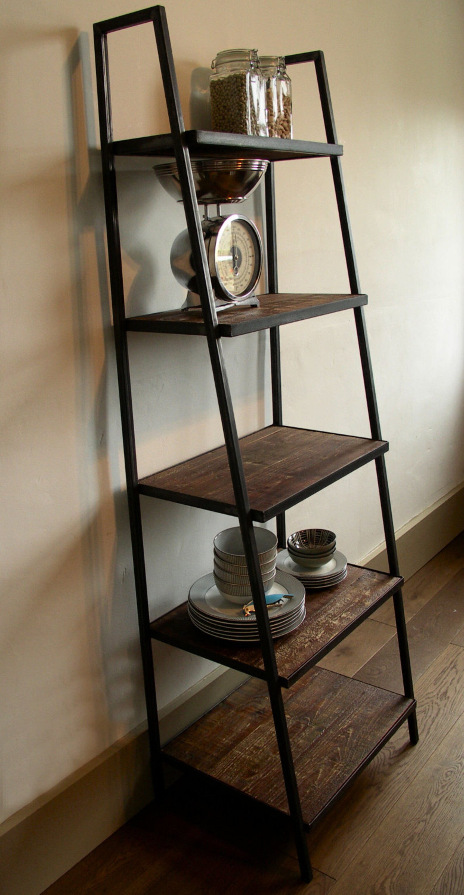 Industrial Style Ladder Shelving Unit Dark Distressed Wood Etsy