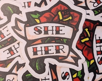 American Traditional Red Rose Pronoun Sticker: She/Her