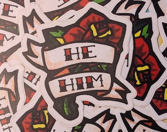 American Traditional Red Rose Pronoun Sticker: He/Him