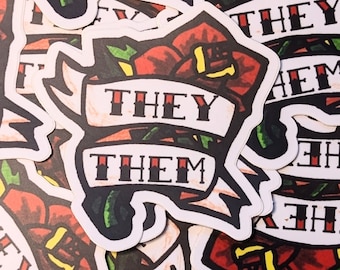 American Traditional Red Rose Pronoun Sticker: They/Them