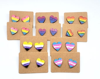 Hand Painted Wood Heart Pride Flag Earrings