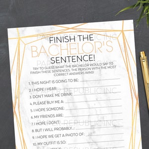 Finish The Bachelor&#39;s Sentence - Gay Bachelor Party Game - Gay Bachelor Party - Bachelor Party Game - Modern Gold Marble -  Instant Download