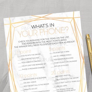 What&#39;s In Your Phone? - Gay Bachelor Party Game - Gay Bachelor Party - Bachelor Party Game - Modern Gold and Marble - Instant Download - DIY