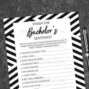 Finish The Bachelor&#39;s Sentence - Gay Bachelor Party Game - Gay Bachelor Party - Bachelor Party Game - Black and White - Instant Download