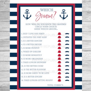 Which Groom? - Gay Bachelor Party Game - Gay Bachelor Party - Bachelor Party Game - Nautical Anchor Navy - Instant Download - Print - DIY