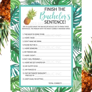 Finish The Bachelor&#39;s Sentence - Gay Bachelor Party Game - Gay Bachelor Party - Bachelor Party Game - Tropical Pineapple - Instant Download