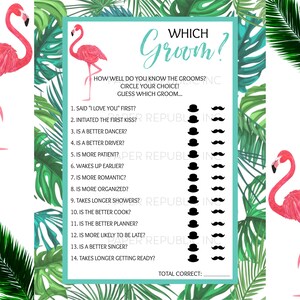 Which Groom? - Gay Bachelor Party Game - Gay Bachelor Party - Bachelor Party Game - Tropical Flamingo - Instant Download - Printable - DIY